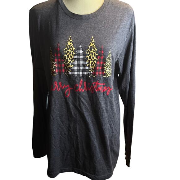Merry Christmas Long Sleeve Graphic Tee, Buffalo Plaid & Leopard Trees, Large - Picture 6 of 6